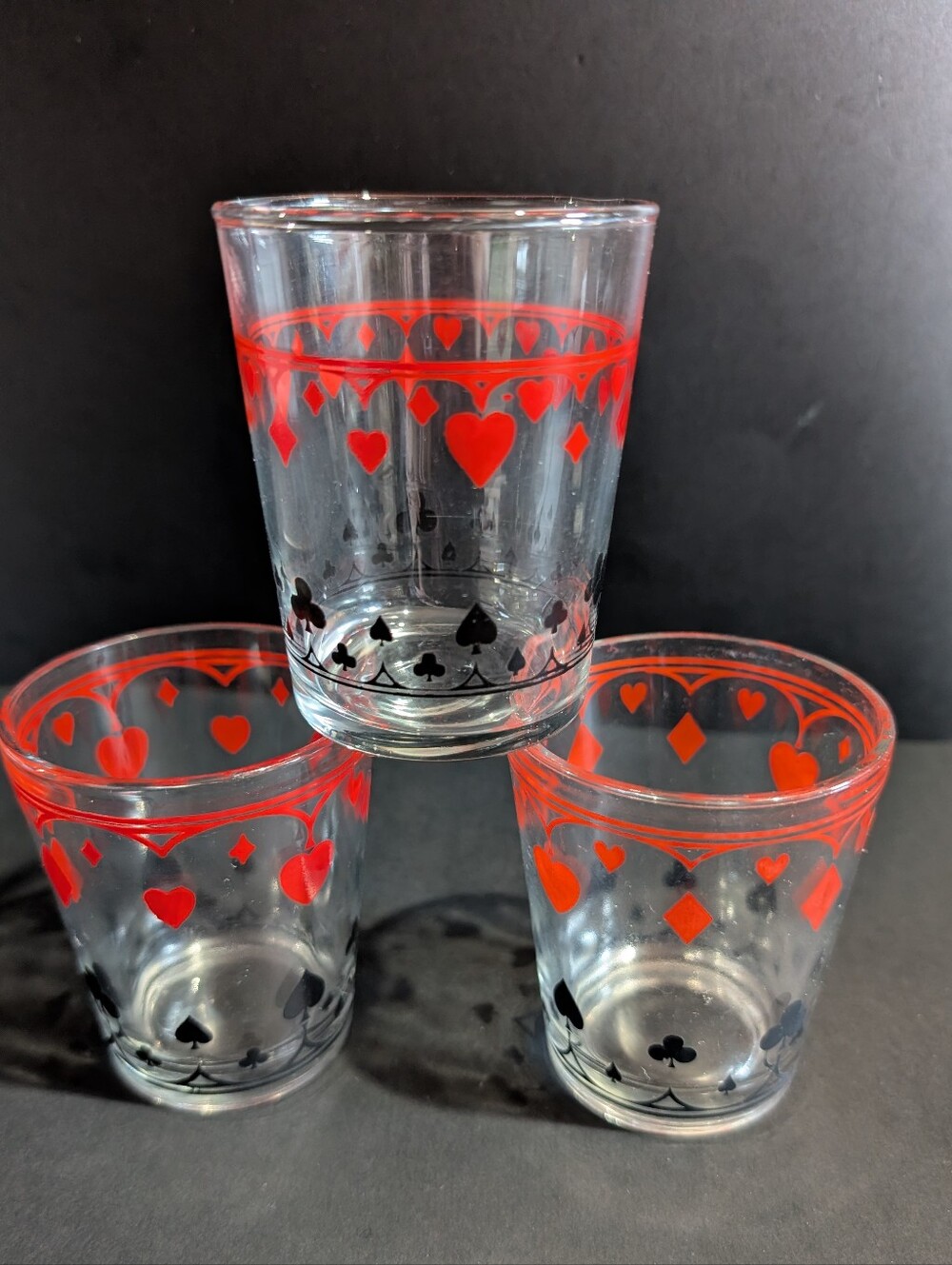 3 Vtg Schwartz Mustard Drinking Glasses Poker Card Suits Tumbler Glass
